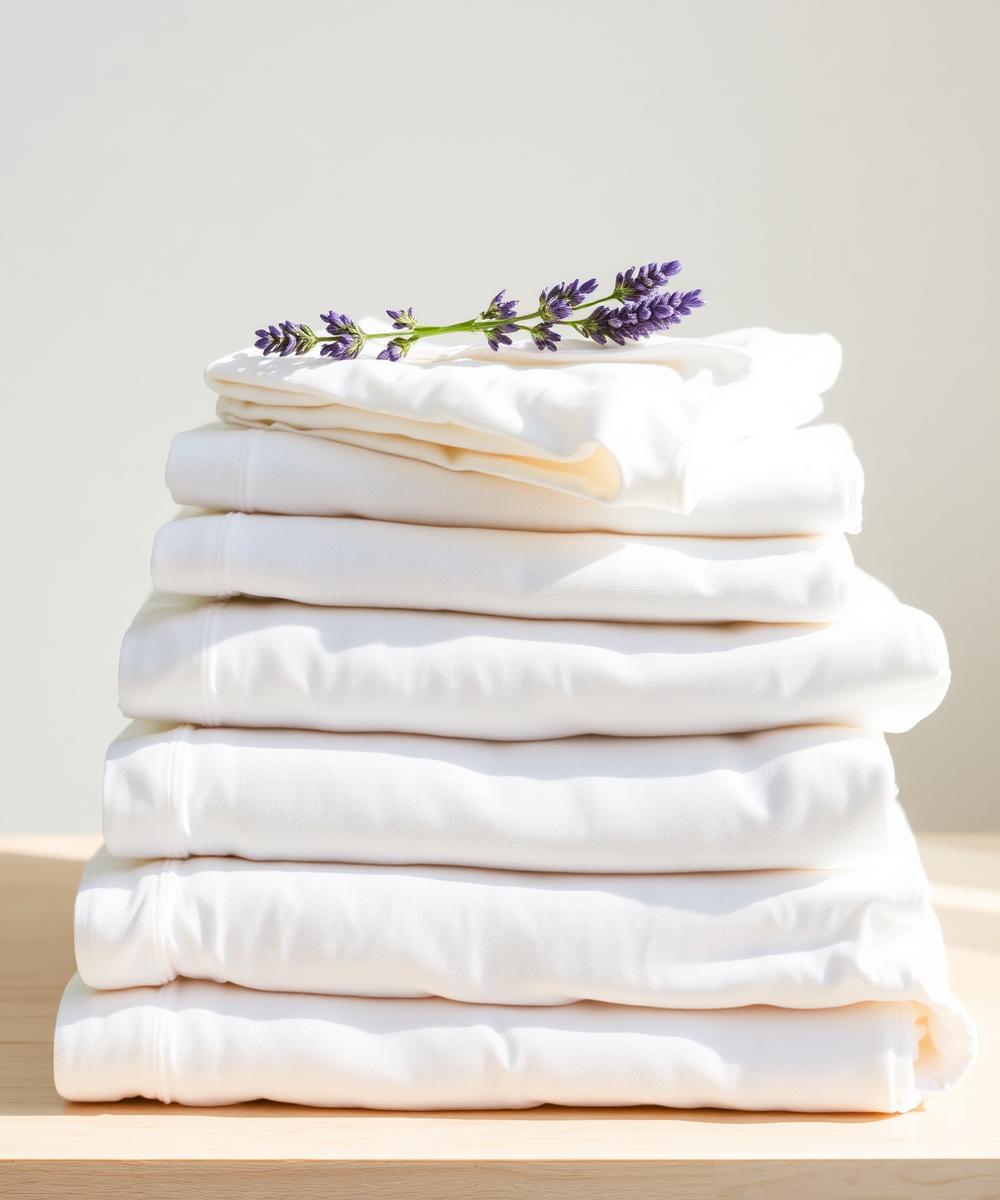 Roupas de cama dobradas com acabamento cuidadoso após serviço de lavanderia
